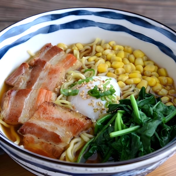 Ramen bowl with pork belly, corn, spinach, and a poached egg topped with green onions and sesame seeds.