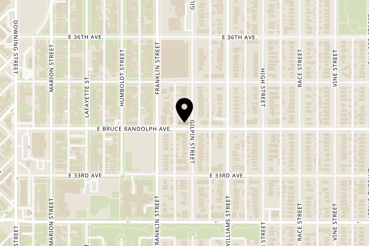 Map showing the location of Corner Ramen & Poke on 1629 Bruce Randolph Ave in Denver